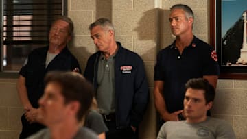 CHICAGO FIRE -- "A Monster In the Field" Episode 13001 -- Pictured: (l-r) Christian Stolte as Randy "Mouch" McHolland, David Eigenberg as Christopher Herrmann, Taylor Kinney as Kelly Severide -- (Photo by: Peter Gordon/NBC)
