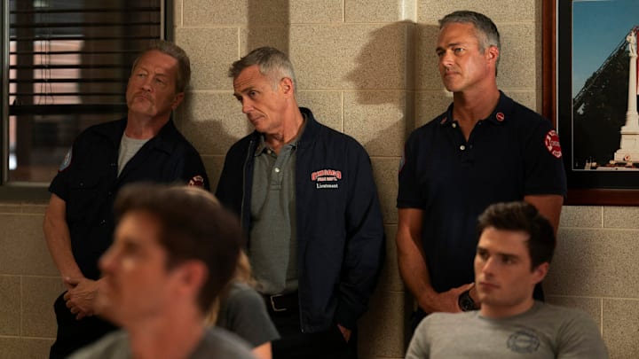 CHICAGO FIRE -- "A Monster In the Field" Episode 13001 -- Pictured: (l-r) Christian Stolte as Randy "Mouch" McHolland, David Eigenberg as Christopher Herrmann, Taylor Kinney as Kelly Severide -- (Photo by: Peter Gordon/NBC)