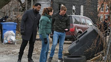 CHICAGO P.D. -- "Street Jesus" Episode 12013 -- Pictured: (l-r) LaRoyce Hawkins as Officer Kevin Atwater, Marina Squerciati as Officer Kim Burgess, Patrick John Flueger as Officer Adam Ruzek -- (Photo by: Lori Allen/NBC)