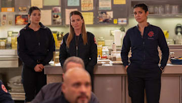 CHICAGO FIRE -- "In The Rubble" Episode 13016 -- Pictured: (l-r) Hanako Greensmith as Violet Mikami, Jocelyn Hudon as Lizzy Novak, Miranda Rae Mayo as Stella Kidd -- (Photo by: Peter Gordon/NBC)