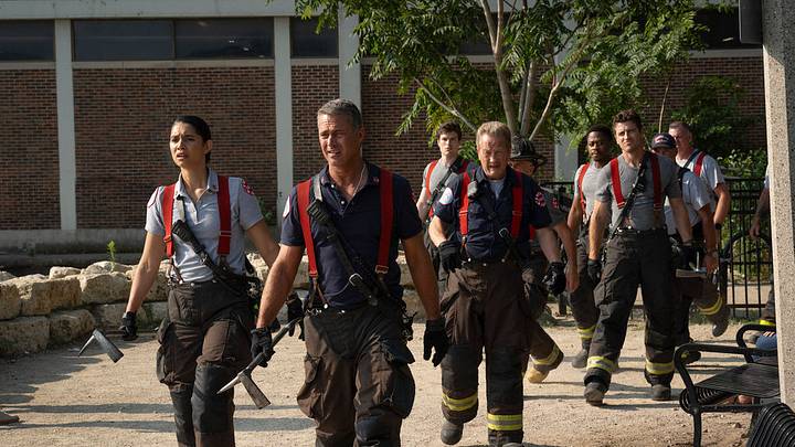 CHICAGO FIRE -- "Ride the Blade" Episode 13002 -- Pictured: (l-r) Miranda Rae Mayo as Stella Kidd, Taylor Kinney as Kelly Severide, Michael Bradway as Damon, Christian Stolte as Randy "Mouch" McHolland, Daniel Kyri as Darren Ritter, Jake Lockett as Sam Carver -- (Photo by: Peter Gordon/NBC)