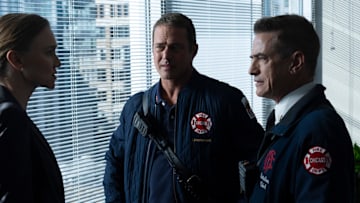 CHICAGO FIRE -- "Untouchable" Episode 13007 -- Pictured: (l-r) Taylor Kinney as Kelly Severide, Dermot Mulroney as Chief Dom Pascal