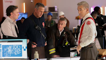 CHICAGO MED -- "In The Trenches: Part II" Episode 1011 -- Pictured: (l-r) Taylor Kinney as Kelly Severide, David Eigenberg as Christopher Herrmann, Dermot Mulroney as Chief Dom Pascal -- (Photo by: George Burns Jr/NBC)
