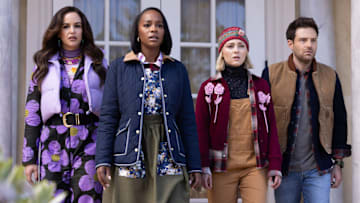 GROSSE POINTE GARDEN SOCIETY -- "The Frost" Episode 108 -- Pictured: (L-R) Melissa Fumero as Birdie, Aja Naomi King as Catherine, AnnaSophia Robb as Alice, Ben Rappaport as Brett --