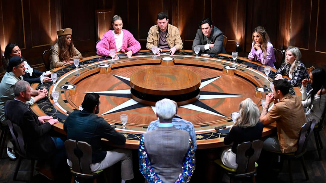 THE TRAITORS -- "A Dysfunctional Family" Episode 306 -- Pictured: (l-r) Alan Cumming, Sam Asghari, Lord Ivar Mountbatten, Rob Mariano, Dolores Catania, Danielle Reyes, Gabby Windey, Derrick Levasseur, Tom Sandoval, Chrishell Stause, Britney Haynes, Ciara Miller, Dylan Efron, Carolyn Wiger -- (Photo by: Euan Cherry/Peacock)