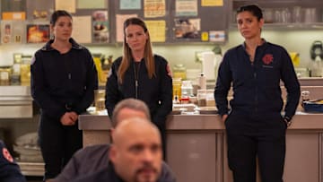 CHICAGO FIRE -- "In The Rubble" Episode 13016 -- Pictured: (l-r) Hanako Greensmith as Violet Mikami, Jocelyn Hudon as Lizzy Novak, Miranda Rae Mayo as Stella Kidd -- (Photo by: Peter Gordon/NBC)