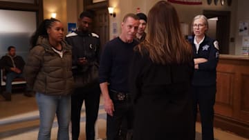 CHICAGO P.D. -- "Name Image Likeness" Episode 12019 -- Pictured: (l-r) Toya Turner as Kiana Cook, Myles Alexander Evans as Damone, Jason Beghe as Hank Voight, Patrick John Flueger as Officer Adam Ruzek, Amy Morton as Desk Sgt. Trudy Platt -- (Photo by: Elizabeth Sisson/NBC)