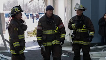 CHICAGO FIRE -- "A Beast Like This" Episode 13017 -- Pictured: (l-r) David Eigenberg as Christopher Herrmann, Taylor Kinney as Kelly Severide, Dermot Mulroney as Chief Dom Pascal --