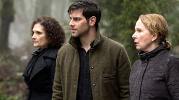 GRIMM -- "The End" Episode 613 -- Pictured: (l-r) Mary Elizabeth Mastrantonio as Kelly Burkhardt, David Giuntoli as Nick Burkhardt, Kate Burton as Aunt Marie Kessler