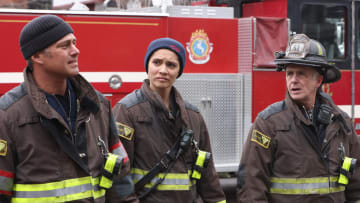 CHICAGO FIRE -- "All the Dark" Episode 12008 -- Pictured: (l-r) Taylor Kinney as Kelly Severide, Miranda Rae Mayo as Stella Kidd, David Eigenberg as Christopher Herrmann -- (Photo by: Adrian S Burrows Sr/NBC)