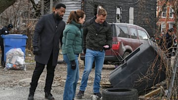 CHICAGO P.D. -- "Street Jesus" Episode 12013 -- Pictured: (l-r) LaRoyce Hawkins as Officer Kevin Atwater, Marina Squerciati as Officer Kim Burgess, Patrick John Flueger as Officer Adam Ruzek -- (Photo by: Lori Allen/NBC)