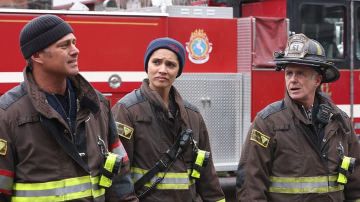 CHICAGO FIRE -- "All the Dark" Episode 12008 -- Pictured: (l-r) Taylor Kinney as Kelly Severide, Miranda Rae Mayo as Stella Kidd, David Eigenberg as Christopher Herrmann -- (Photo by: Adrian S Burrows Sr/NBC)