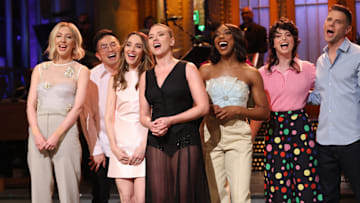 SATURDAY NIGHT LIVE -- Episode 1884 -- Pictured: (l-r) Heidi Gardner, Bowen Yang, Chloe Fineman, host Scarlett Johansson, Ego Nwodim, Sarah Sherman, and Mikey Day during the monologue on Saturday, May 17, 2025 -- (Photo by: Will Heath/NBC)