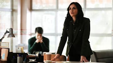 THE RAINMAKER -- Episode 107 -- Pictured: (l-r) Milo Callaghan as Rudy Baylor, Lana Parrilla as Jocelyn Bruiser Stone -- (Photo by: Chistopher Barr/USA Network)