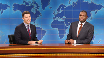 SATURDAY NIGHT LIVE -- Episode 1864 -- Pictured: (l-r) Anchor Colin Jost and anchor Michael Che during Weekend Update on Saturday, May 18, 2024 -- (Photo by: Will Heath/NBC)