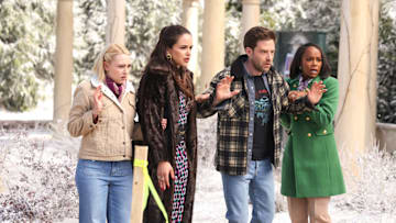 GROSSE POINTE GARDEN SOCIETY -- "Bad Seeds" Episode 113 -- Pictured: (l-r) AnnaSophia Robb as Alice, Melissa Fumero as Birdie, Ben Rappaport as Brett, Aja Naomi King as Catherine -- (Photo by: Matt Miller/NBC)