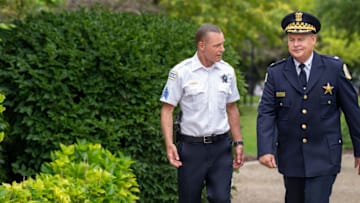 CHICAGO P.D. -- "Consequences" Episode 1301 -- Pictured: (l-r) Jason Beghe as Hank Voight, Joel Murray as Commander Devlin -- (Photo by: Elizabeth Sisson/NBC)