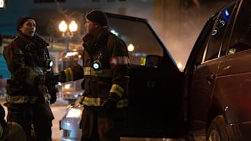 CHICAGO FIRE -- "Too Close" Episode 13015 -- Pictured: (l-r) Miranda Rae Mayo as Stella Kidd, Taylor Kinney as Kelly Severide -- (Photo by: Peter Gordon/NBC)