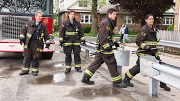CHICAGO FIRE -- "Never Say Goodbye" Episode 12013 -- Pictured: (l-r) Christian Stolte as Randy "Mouch" McHolland, Michael Bradway as Damon, Jake Lockett as Sam Carver, Miranda Rae Mayo as Stella Kidd -- (Photo by: Adrian S Burrows Sr/NBC)