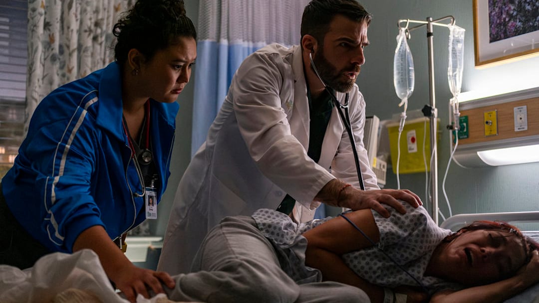 BRILLIANT MINDS -- "The First Responder" Episode 110 -- Pictured: (l-r) Aury Krebs as Dr. Dana Dang, Zachary Quinto as Dr. Oliver Wolf, Mishel Prada as Katie Rodriguez 