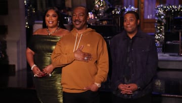 SATURDAY NIGHT LIVE -- "Eddie Murphy" Episode 1777 -- Pictured: (l-r) Musical guest Lizzo, host Eddie Murphy, and Kenan Thompson during Promos in Studio 8H on Thursday, December 19, 2019 -- (Photo by: Rosalind O'Connor/NBC)