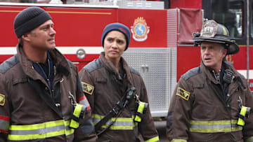 CHICAGO FIRE -- "All the Dark" Episode 12008 -- Pictured: (l-r) Taylor Kinney as Kelly Severide, Miranda Rae Mayo as Stella Kidd, David Eigenberg as Christopher Herrmann -- (Photo by: Adrian S Burrows Sr/NBC)