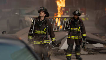 CHICAGO FIRE -- "In The Trenches: Part I" Episode 13011 -- Pictured: (l-r) Jake Lockett as Sam Carver, Daniel Kyri as Darren Ritter -- (Photo by: Peter Gordon/NBC)