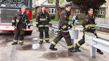 CHICAGO FIRE -- "Never Say Goodbye" Episode 12013 -- Pictured: (l-r) Christian Stolte as Randy "Mouch" McHolland, Michael Bradway as Damon, Jake Lockett as Sam Carver, Miranda Rae Mayo as Stella Kidd -- (Photo by: Adrian S Burrows Sr/NBC)