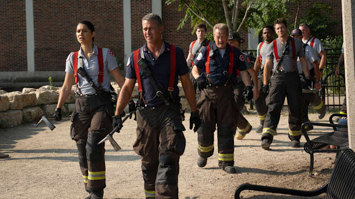 CHICAGO FIRE -- "Ride the Blade" Episode 13002 -- Pictured: (l-r) Miranda Rae Mayo as Stella Kidd, Taylor Kinney as Kelly Severide, Michael Bradway as Damon, Christian Stolte as Randy "Mouch" McHolland, Daniel Kyri as Darren Ritter, Jake Lockett as Sam Carver -- (Photo by: Peter Gordon/NBC)