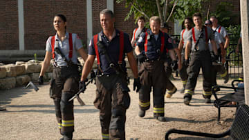 CHICAGO FIRE -- "Ride the Blade" Episode 13002 -- Pictured: (l-r) Miranda Rae Mayo as Stella Kidd, Taylor Kinney as Kelly Severide, Michael Bradway as Damon, Christian Stolte as Randy "Mouch" McHolland, Daniel Kyri as Darren Ritter, Jake Lockett as Sam Carver -- (Photo by: Peter Gordon/NBC)