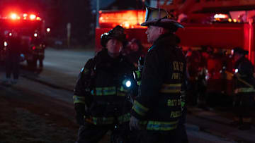 CHICAGO FIRE -- "Post-Mortem" Episode 13018 -- Pictured: (l-r) David Eigenberg as Christopher Herrmann, Dermot Mulroney as Chief Dom Pascal -- (Photo by: Peter Gordon/NBC)
