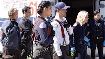 CHICAGO FIRE -- "No Survivors" Episode 916 -- Pictured: (l-r) Christian Stolte as Randall “Mouch” McHolland, Alberto Rosende as Blake Gallo, Miranda Rae Mayo as Stella Kidd, Jesse Spencer as Matthew Casey , Kara Killmer as Sylvie Brett, Hanako Greensmith as Violet -- (Photo by: Adrian S. Burrows Sr./NBC)