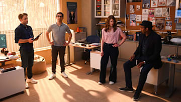 THE IRRATIONAL -- "Straight from the Heart" Episode 212 -- Pictured: (l-r) Max Lloyd-Jones as Simon, Arash DeMaxi as Rizwan, Molly Kunz as Phoebe, Jesse L. Martin as Alec Mercer -- (Photo by: Sergei Bachlakov/NBC)