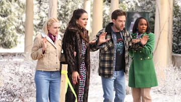 GROSSE POINTE GARDEN SOCIETY -- "Bad Seeds" Episode 113 -- Pictured: (l-r) AnnaSophia Robb as Alice, Melissa Fumero as Birdie, Ben Rappaport as Brett, Aja Naomi King as Catherine -- (Photo by: Matt Miller/NBC)