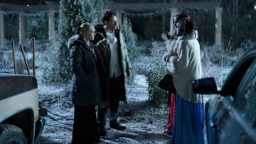 GROSSE POINTE GARDEN SOCIETY -- "Pollination" Episode 105 -- Pictured: (l-r) AnnaSophia Robb as Alice, Ben Rappaport as Brett, Melissa Fumero as Birdie, Aja Naomi King as Catherine -- (Photo by: Daniel Delgado/NBC)
