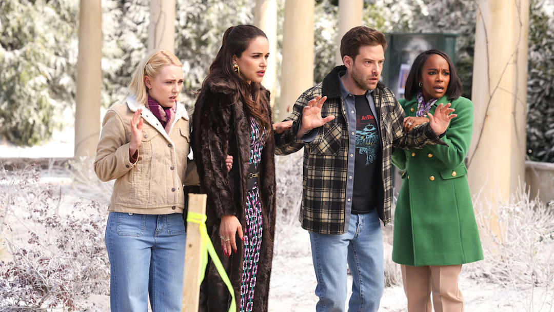 GROSSE POINTE GARDEN SOCIETY -- "Bad Seeds" Episode 113 -- Pictured: (l-r) AnnaSophia Robb as Alice, Melissa Fumero as Birdie, Ben Rappaport as Brett, Aja Naomi King as Catherine -- (Photo by: Matt Miller/NBC)