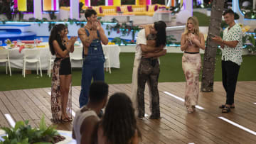 LOVE ISLAND USA -- Episode 634 -- Pictured: (l-r) Kassy Castillo, Robert Rausch, Miguel Harichi, Leah Kateb, Kaylor Martin, Aaron Evans -- (Photo by: Ben Symons/Peacock)