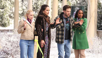 GROSSE POINTE GARDEN SOCIETY -- "Bad Seeds" Episode 113 -- Pictured: (l-r) AnnaSophia Robb as Alice, Melissa Fumero as Birdie, Ben Rappaport as Brett, Aja Naomi King as Catherine -- (Photo by: Matt Miller/NBC)