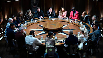 THE TRAITORS -- "I Will Bury You Under The Sand" Episode 304 -- Pictured: (l-r) Sam Asghari, Lord Ivar Mountbatten, Rob Mariano, Bob Harper, Dolores Catania, Danielle Reyes, Gabby Windey, Alan Cumming, Derrick Levasseu, Tom Sandoval, Chrishell Stause, Bob The Drag Queen, Robyn Dixon, Britney Haynes, Ciara Miller, Dylan Efron, Carolyn Wiger, Wes Bergmann, Nikki Garcia -- (Photo by: Euan Cherry/Peacock)