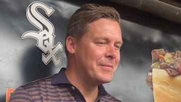 White Sox general manager Chris Getz speaks to reporters in the Rate Field dugout on Aug. 27, 2025.