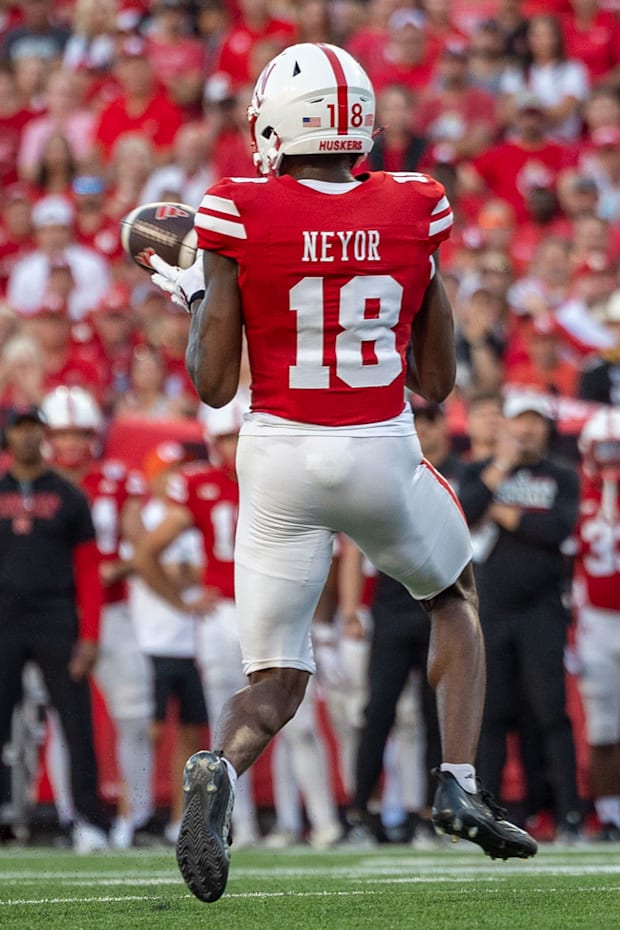 Nebraska wide receiver Isaiah Neyor catches a short first quarter pass during Nebraska's 28-10 win against Colorado.