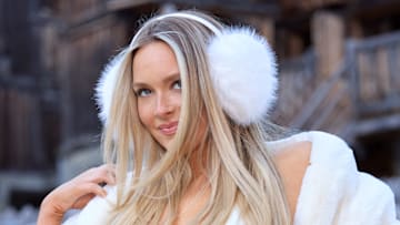 Camille Kostek was photographed by Derek Kettela in Switzerland. Shrug by Theiacouture.