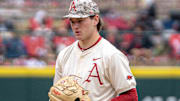 Arkansas Razorbacks pitcher Gabe Gaeckle looking in for the sign in a game against the Missouri Tigers at Baum-Walker Stadium in Fayetteville, Ark.