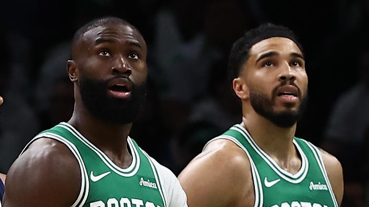 Mar 6, 2026; Boston, Massachusetts, USA; Boston Celtics guard Jaylen Brown (7) and forward Jayson Tatum (0) watch the Jumbotron during the second quarter against the Dallas Mavericks at TD Garden. Mandatory Credit: Winslow Townson-Imagn Images