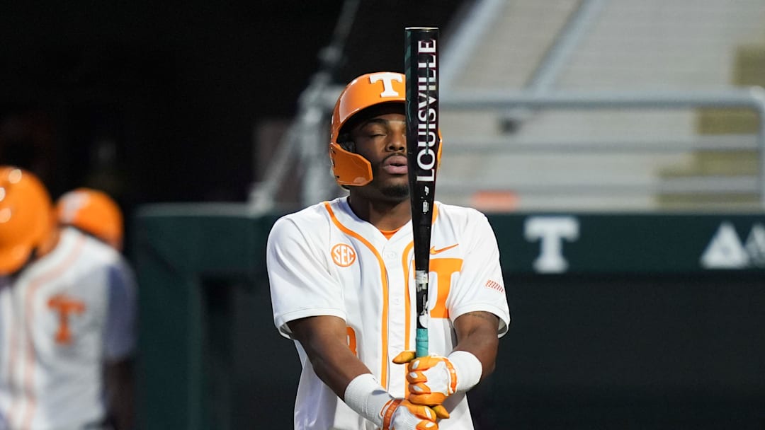 Tennessee’s JP Peltier (8) focuses before batting during a baseball game between Tennessee and Wright State in Lindsey Nelson Stadium in Knoxville, Tennessee, March 6, 2026.