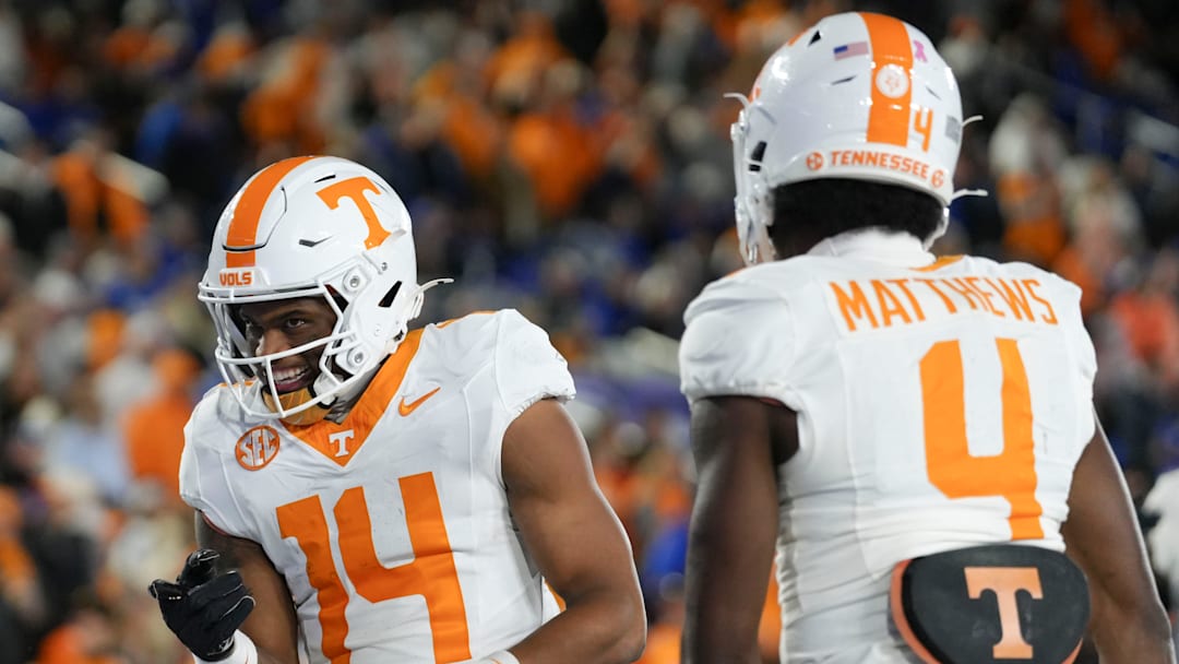 Tennessee wide receiver Braylon Staley (14) celebrates a touchdown during a NCAA football game against Kentucky at Kroger Field in Lexington, Kentucky on Oct. 25, 2025.