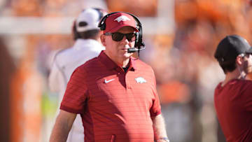 Arkansas interim coach Bobby Petrino on the sidelines during a college football game between Tennessee and Arkansas at Neyland Stadium in Knoxville, Tennessee on Oct. 11, 2025.