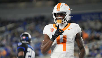 Tennessee wide receiver Mike Matthews (4) celebrates on the field during a NCAA football game against Kentucky at Kroger Field in Lexington, Kentucky on Oct. 25, 2025.