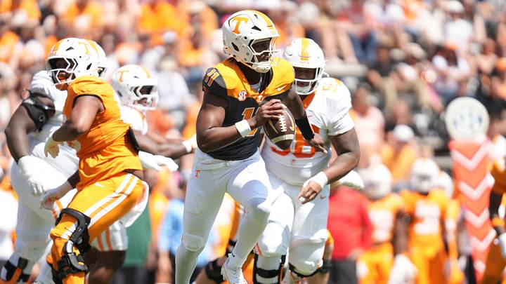Tennessee quarterback Faizon Brandon (11) scrambles with the ball during the Orange and White game at Neyland Stadium in Knoxville, Tennessee, April 11, 2026.