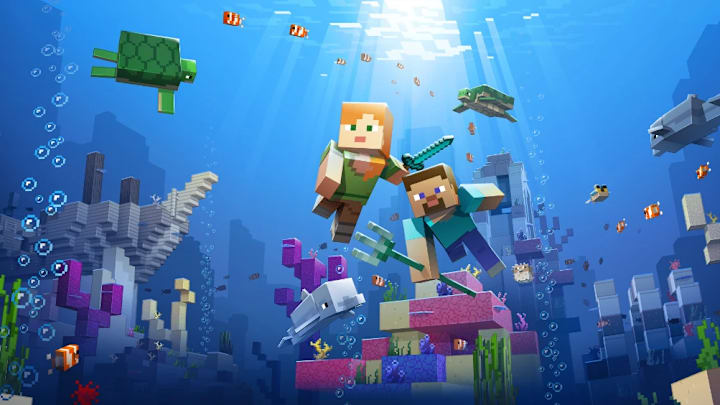 Steve and Alex holding tridents while swimming in a coral reef, with various aquatic mobs around them.
